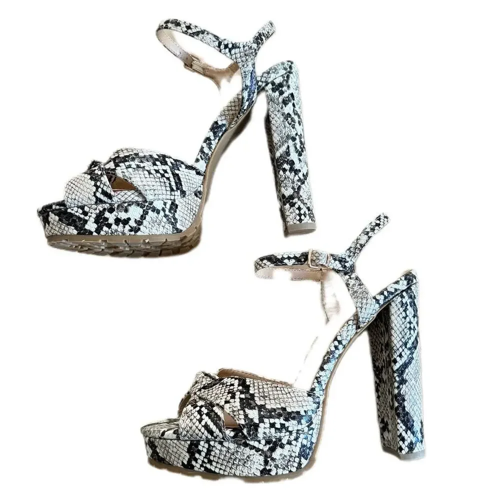 Black and White Faux Snakeskin Strappy Block Platform Heels, US 7.5 EU 38 New